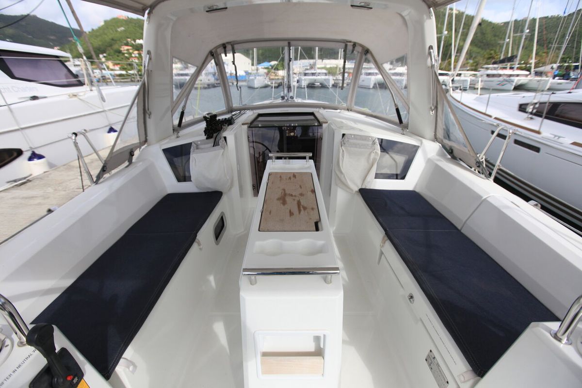 Cockpit of Cozmo, a Beneteau Oceanis 35.1 sailboat at Road Town, British Virgin Islands