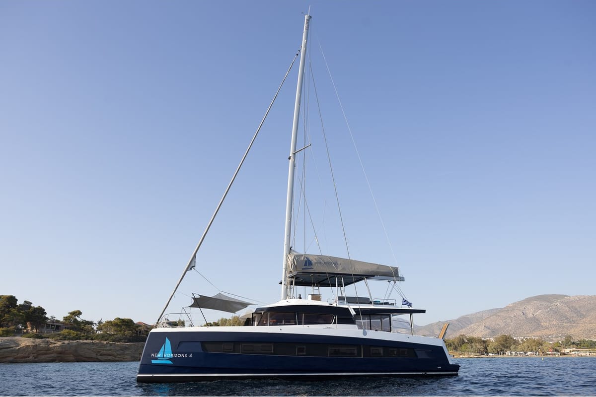 Exterior view of New Horizons 4, a Bali 5.8 catamaran at Athens, Greece