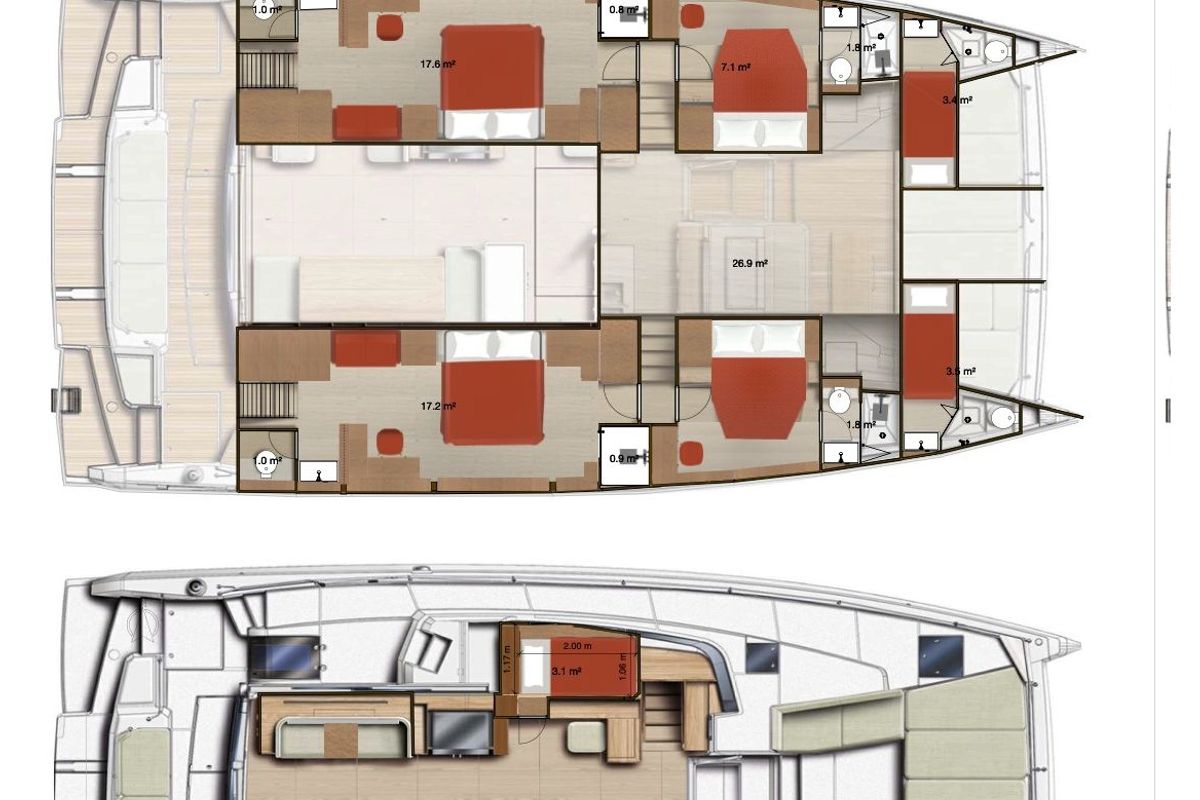 Floor plan of New Horizons 4, a Bali 5.8 catamaran at Athens, Greece