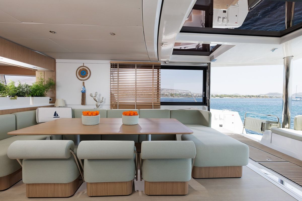 Deck of New Horizons 4, a Bali 5.8 catamaran at Athens, Greece