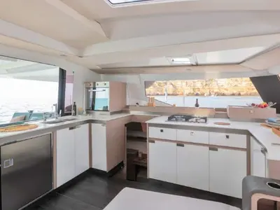 Galley of Christina, a Fountaine Pajot Elba 45 catamaran at es Jonquet, Spain