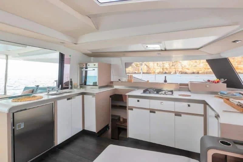 Galley of Christina, a Fountaine Pajot Elba 45 catamaran at es Jonquet, Spain