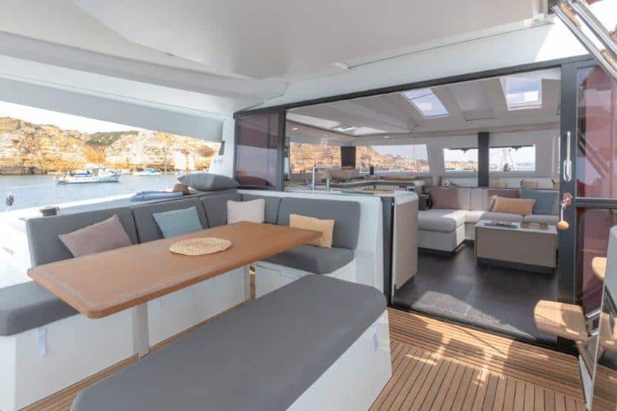 Deck of Christina, a Fountaine Pajot Elba 45 catamaran at es Jonquet, Spain