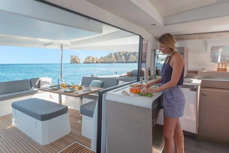 Galley of Christina, a Fountaine Pajot Elba 45 catamaran at es Jonquet, Spain