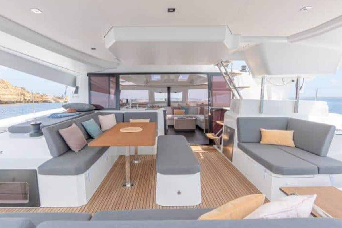 Deck of Christina, a Fountaine Pajot Elba 45 catamaran at es Jonquet, Spain