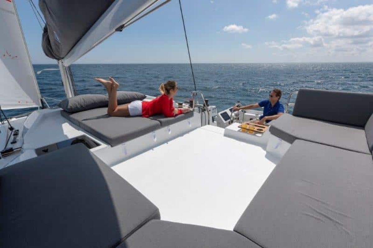 Cockpit of Christina, a Fountaine Pajot Elba 45 catamaran at es Jonquet, Spain