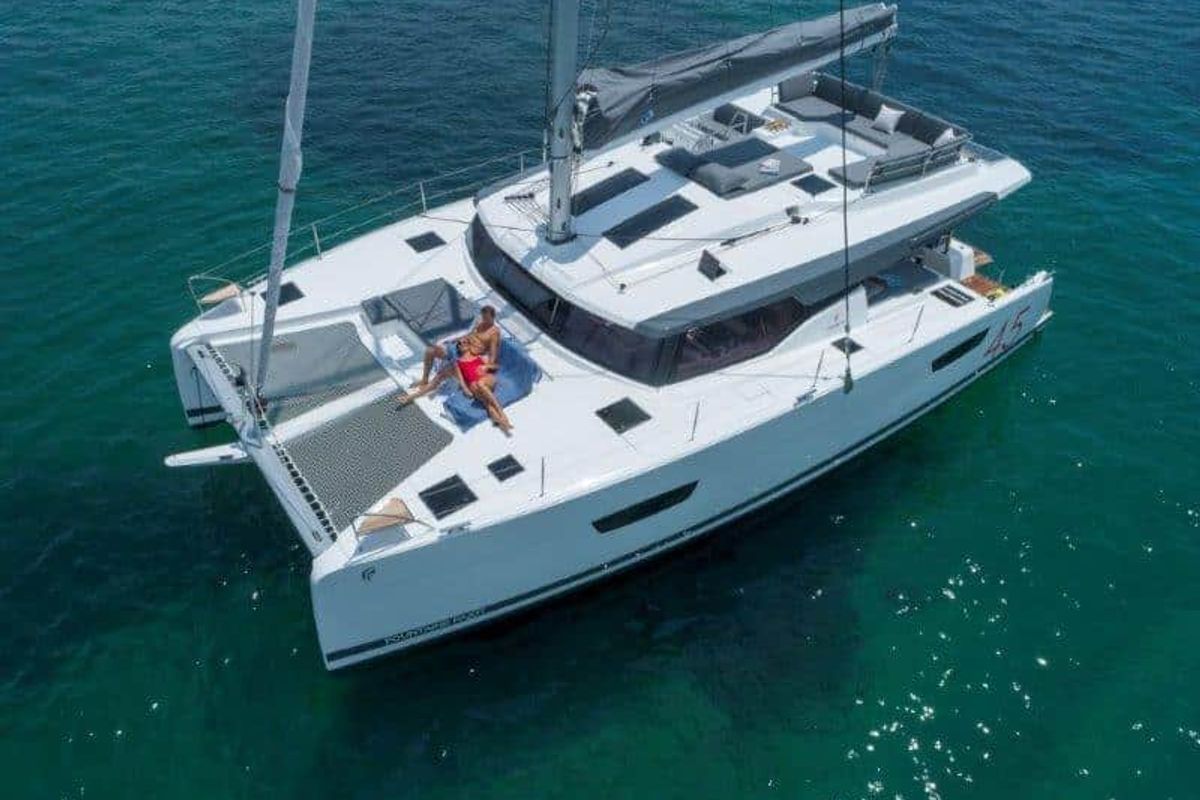 Exterior view of Christina, a Fountaine Pajot Elba 45 catamaran at es Jonquet, Spain