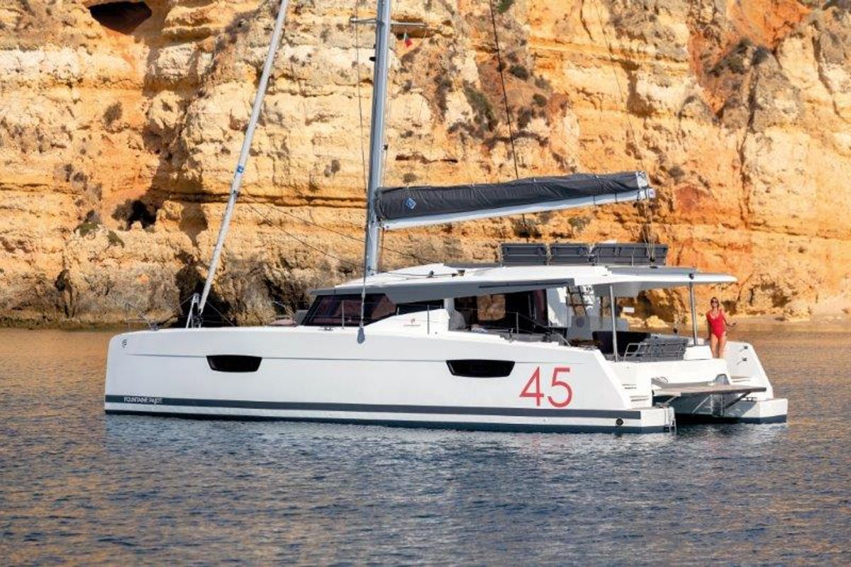 Exterior view of Christina, a Fountaine Pajot Elba 45 catamaran at es Jonquet, Spain