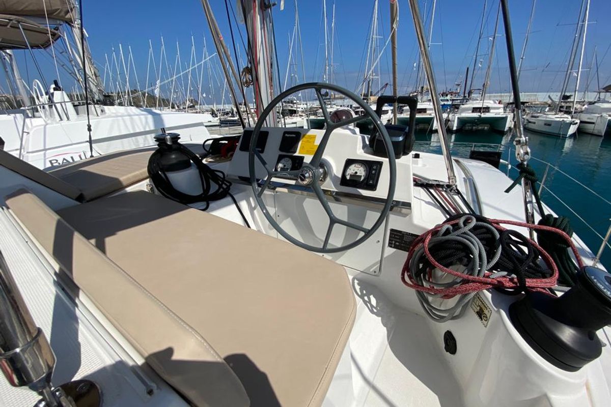Exterior view of Orlandina, a Bali 4.1 catamaran at Capo d'Orlando, Italy