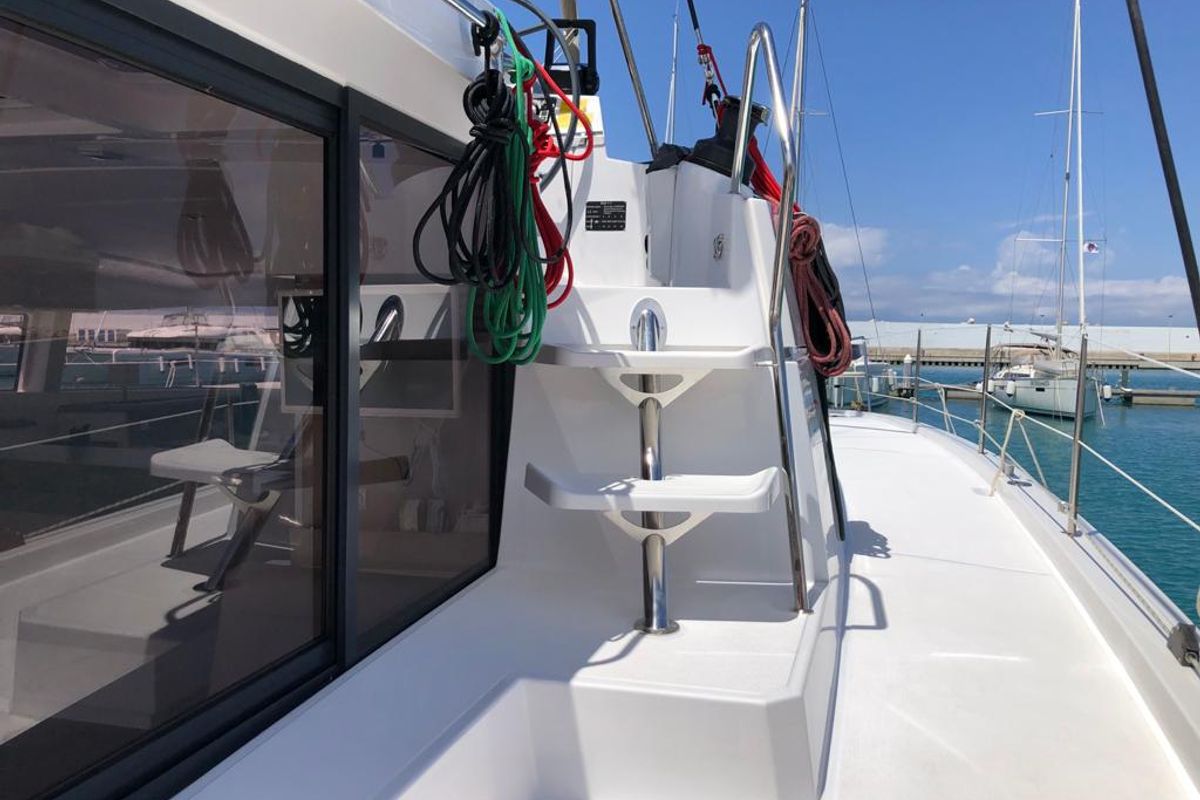 Deck of Orlandina, a Bali 4.1 catamaran at Capo d'Orlando, Italy