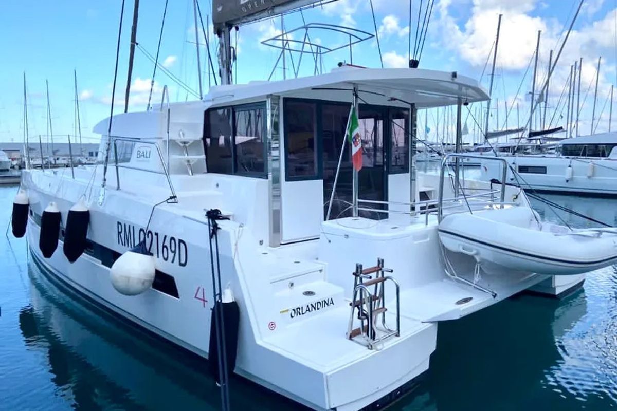 Exterior view of Orlandina, a Bali 4.1 catamaran at Capo d'Orlando, Italy