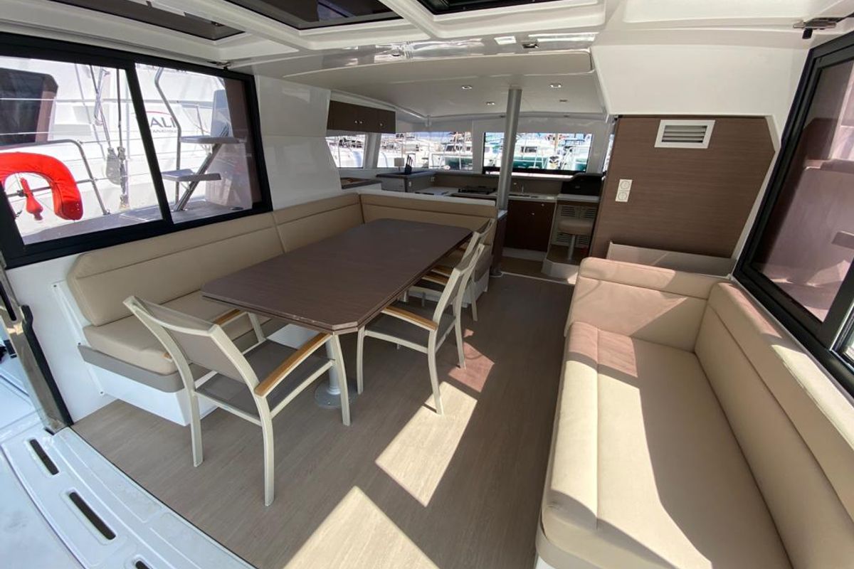 Salon of Orlandina, a Bali 4.1 catamaran at Capo d'Orlando, Italy