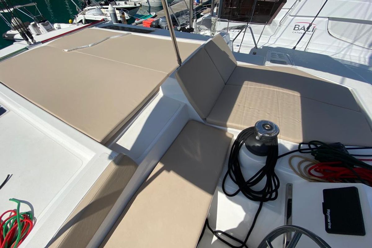 Deck of Orlandina, a Bali 4.1 catamaran at Capo d'Orlando, Italy