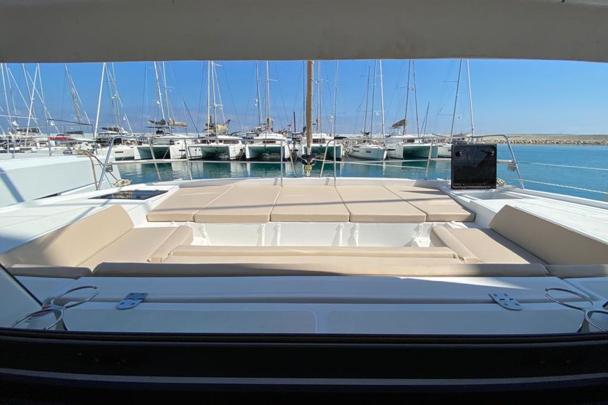 Deck of Orlandina, a Bali 4.1 catamaran at Capo d'Orlando, Italy