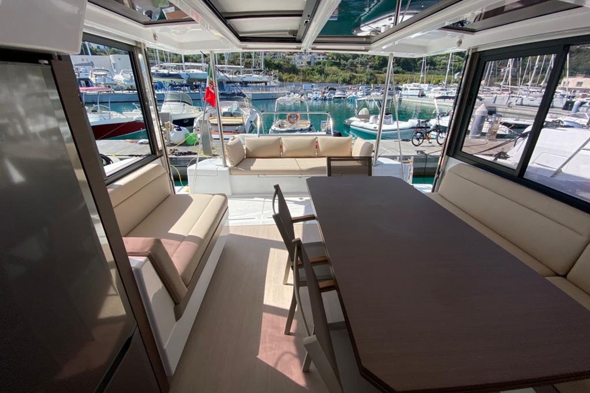 Salon of Orlandina, a Bali 4.1 catamaran at Capo d'Orlando, Italy