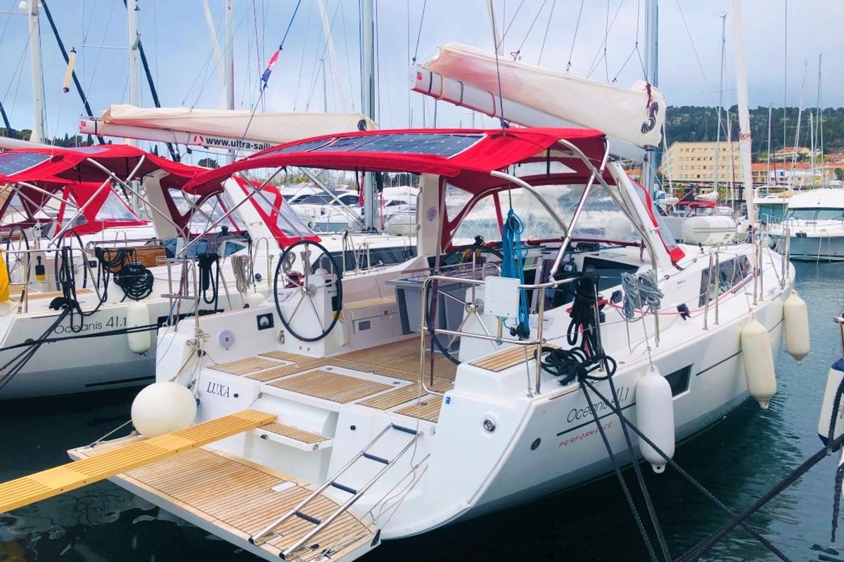 Cockpit of Luxa, a Beneteau Oceanis 41.1 sailboat at Split, Croatia