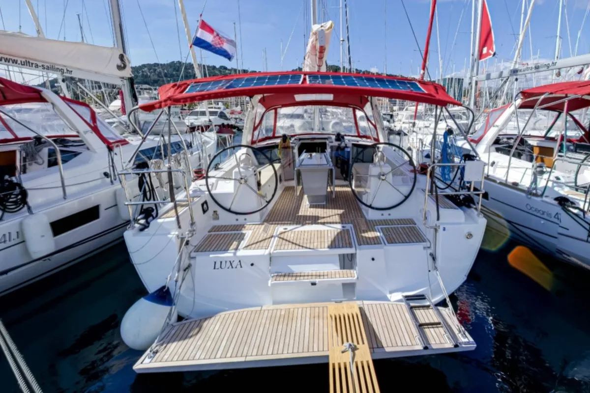 Exterior view of Luxa, a Beneteau Oceanis 41.1 sailboat at Split, Croatia