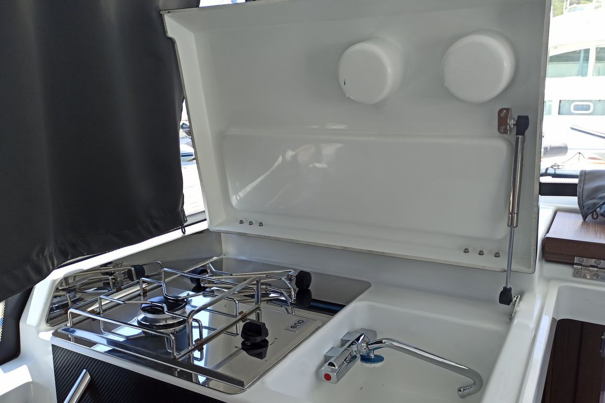 Galley of Surprise, a Jeanneau Merry Fisher 895 Sport Offshore motorboat at Punat, Croatia