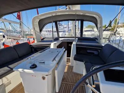 Cockpit of Athanasia, a Beneteau Oceanis 46.1 sailboat at Athens, Greece