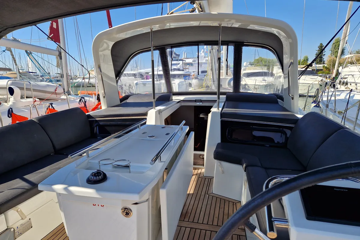 Cockpit of Athanasia, a Beneteau Oceanis 46.1 sailboat at Athens, Greece