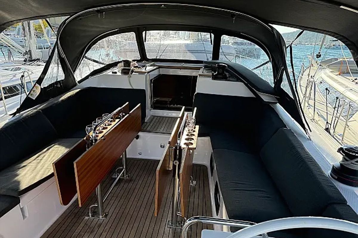 Cockpit of Epetion, a Elan Impression 50.1 sailboat at Grad Trogir, Croatia