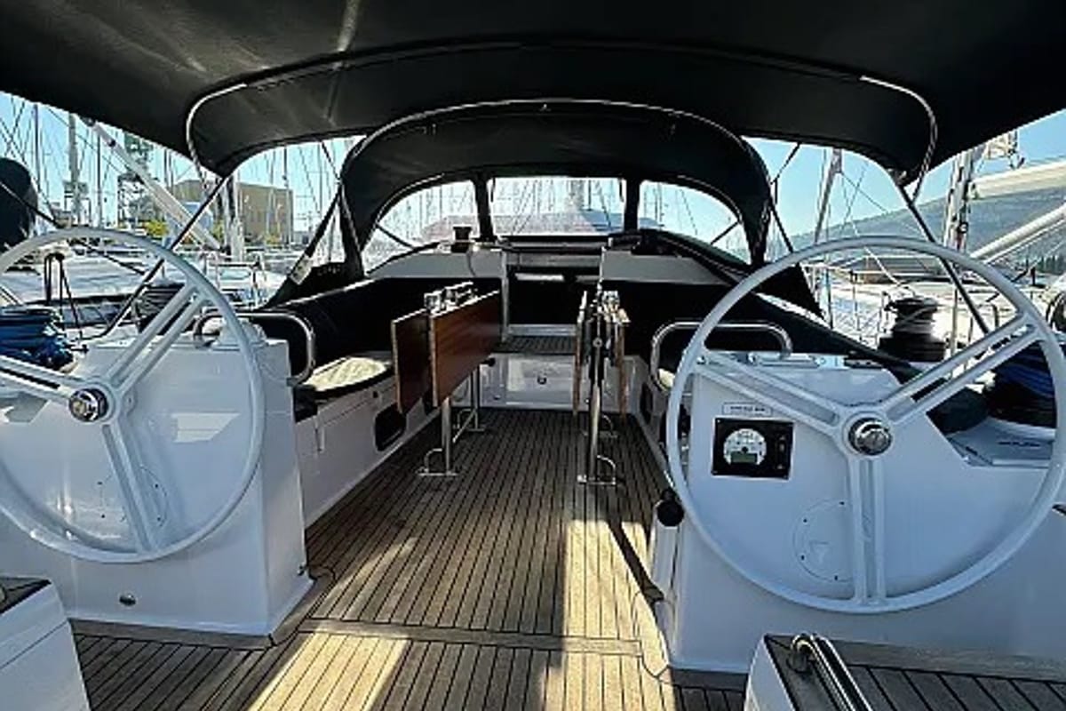 Cockpit of Epetion, a Elan Impression 50.1 sailboat at Grad Trogir, Croatia