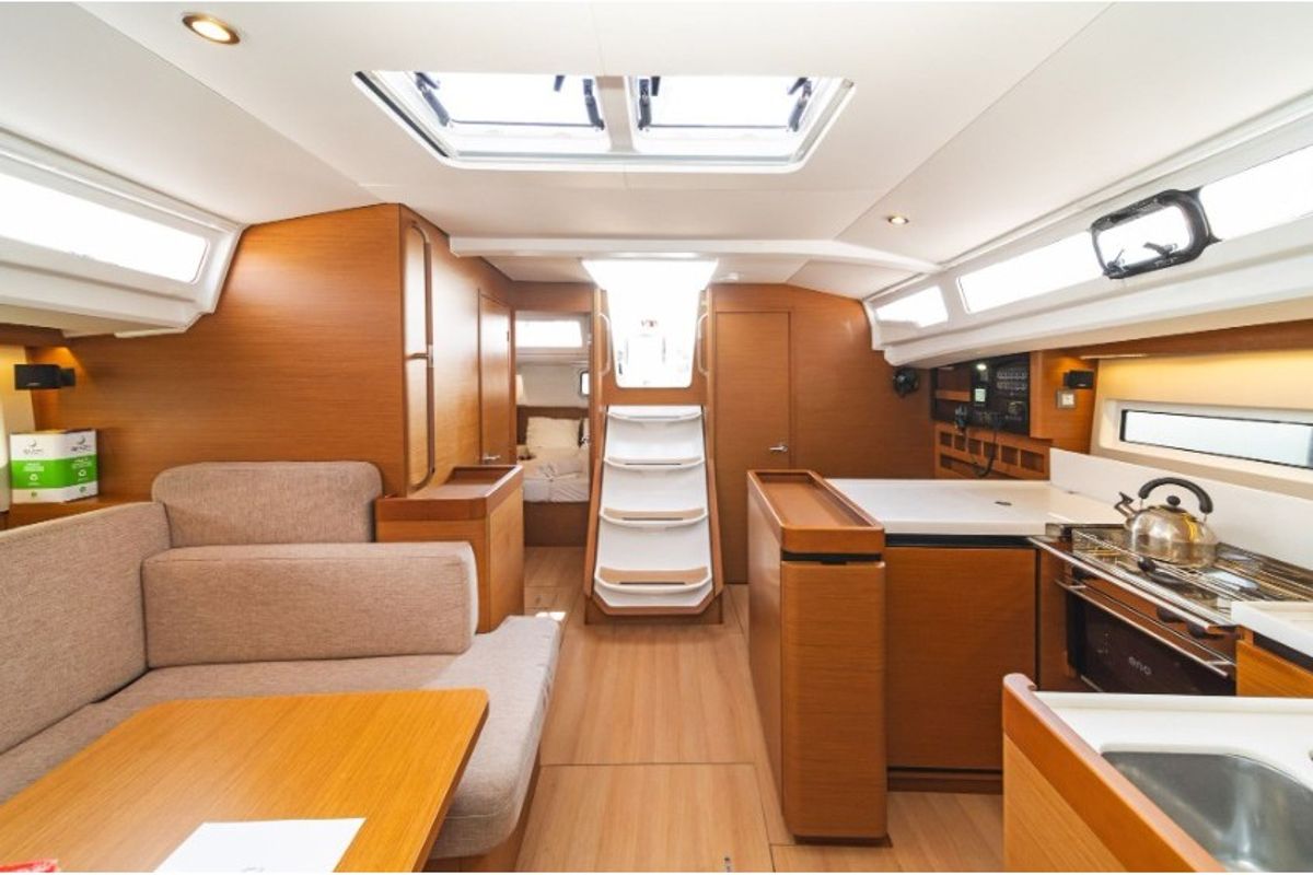 Salon of Aurelia, a Jeanneau Sun Odyssey 440 sailboat at Municipal Unit of Nea Peramos, Greece