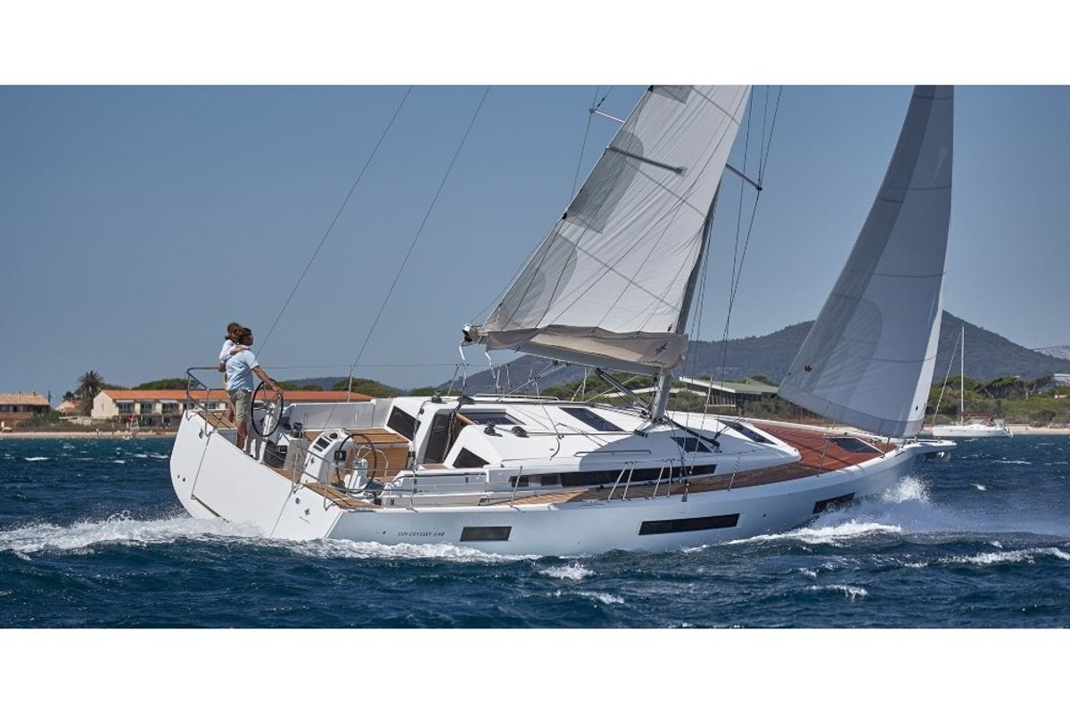 Exterior view of Aurelia, a Jeanneau Sun Odyssey 440 sailboat at Municipal Unit of Nea Peramos, Greece