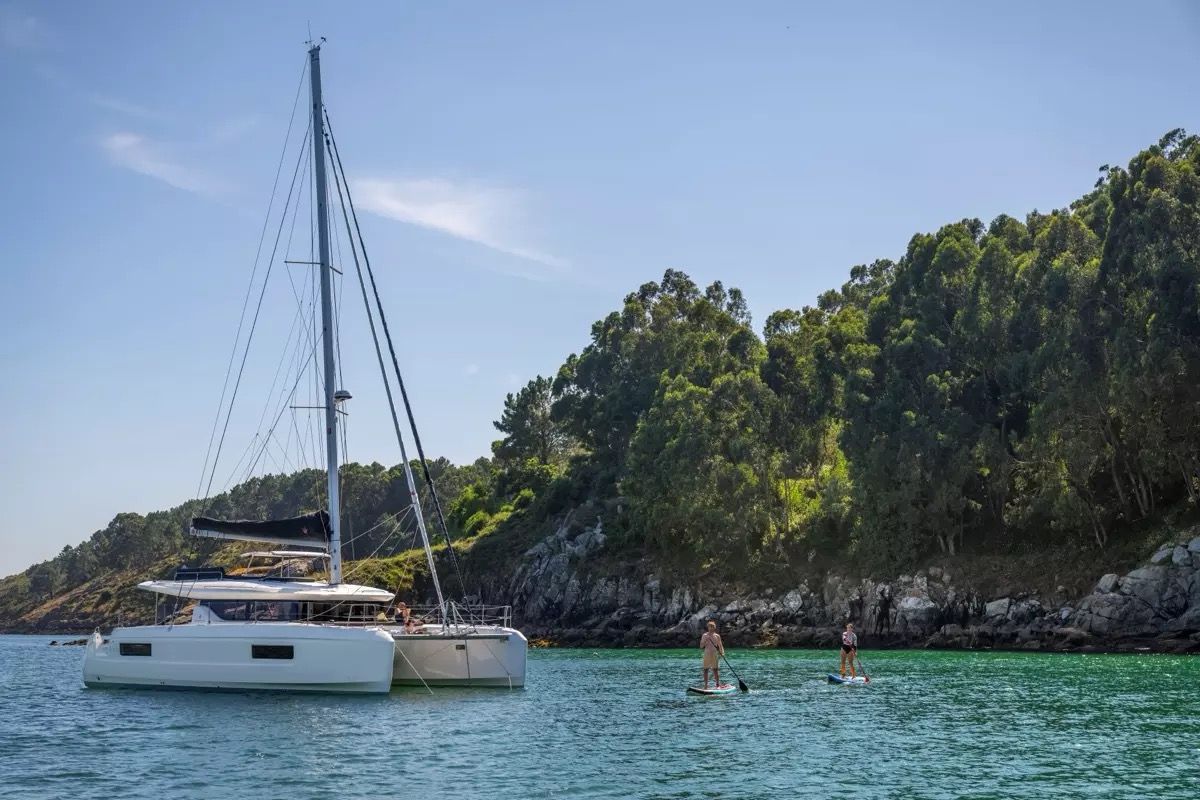 Exterior view of new Lag 43, a Lagoon 43 catamaran at Olbia, Italy