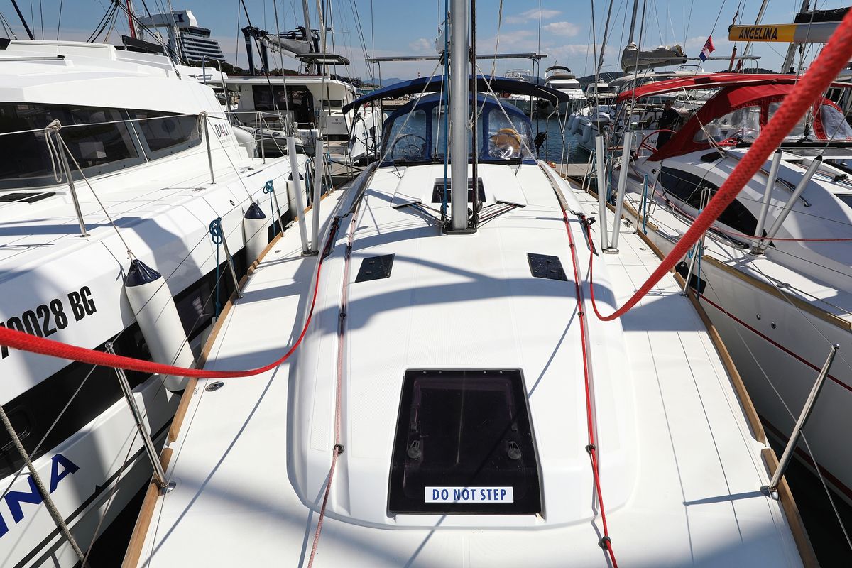 Deck of Malin, a Jeanneau Sun Odyssey 439 sailboat at Grad Vodice, Croatia