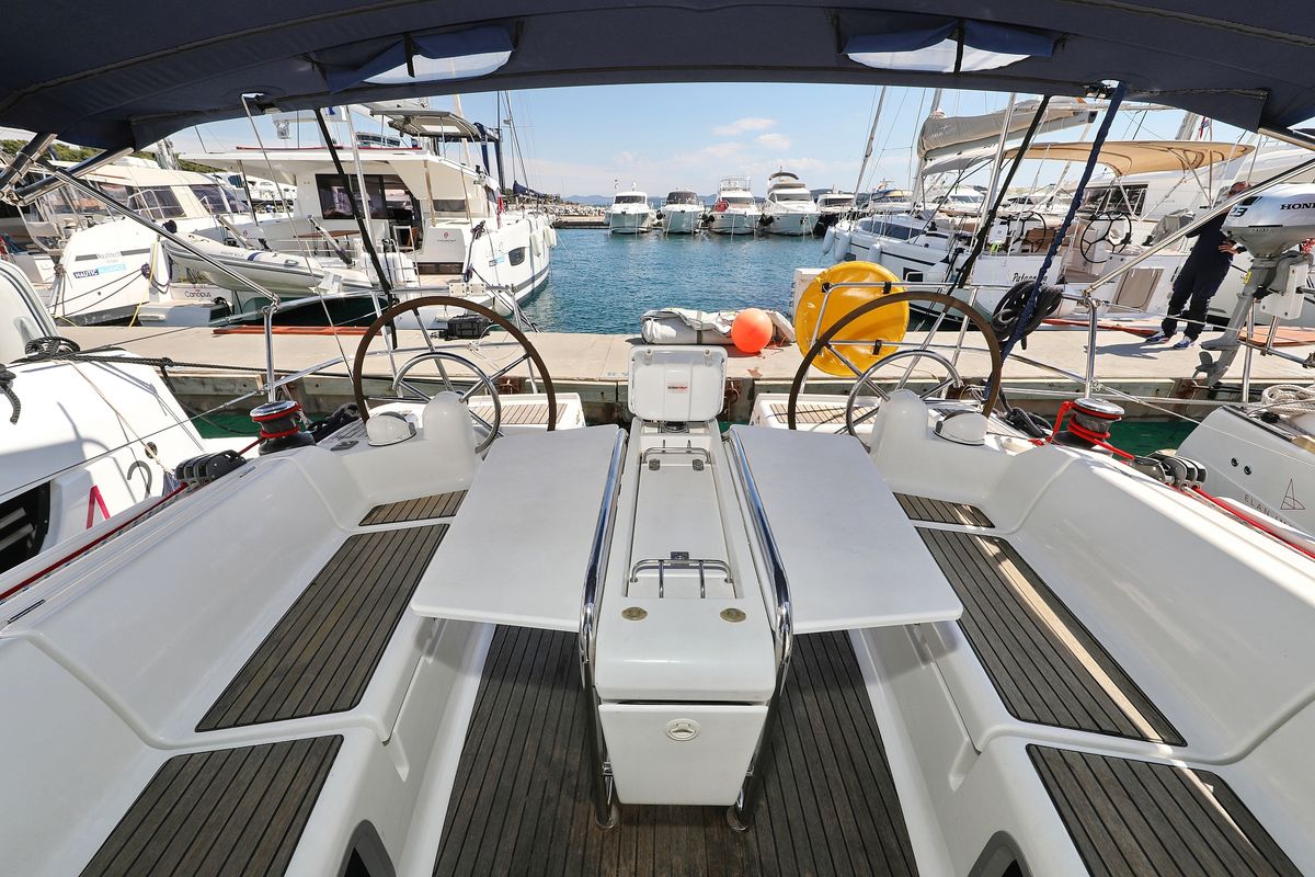 Cockpit of Malin, a Jeanneau Sun Odyssey 439 sailboat at Grad Vodice, Croatia