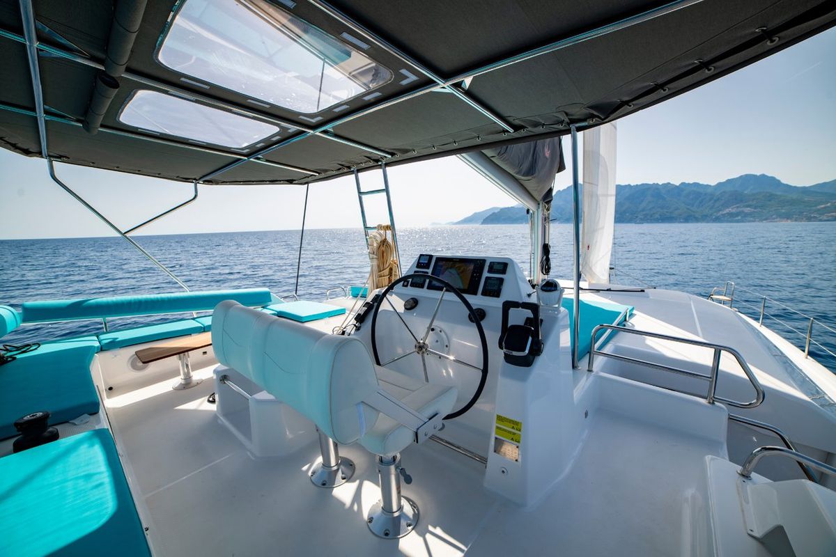 Cockpit of Futura, a Dufour 48 Catamaran catamaran at Cecina, Italy