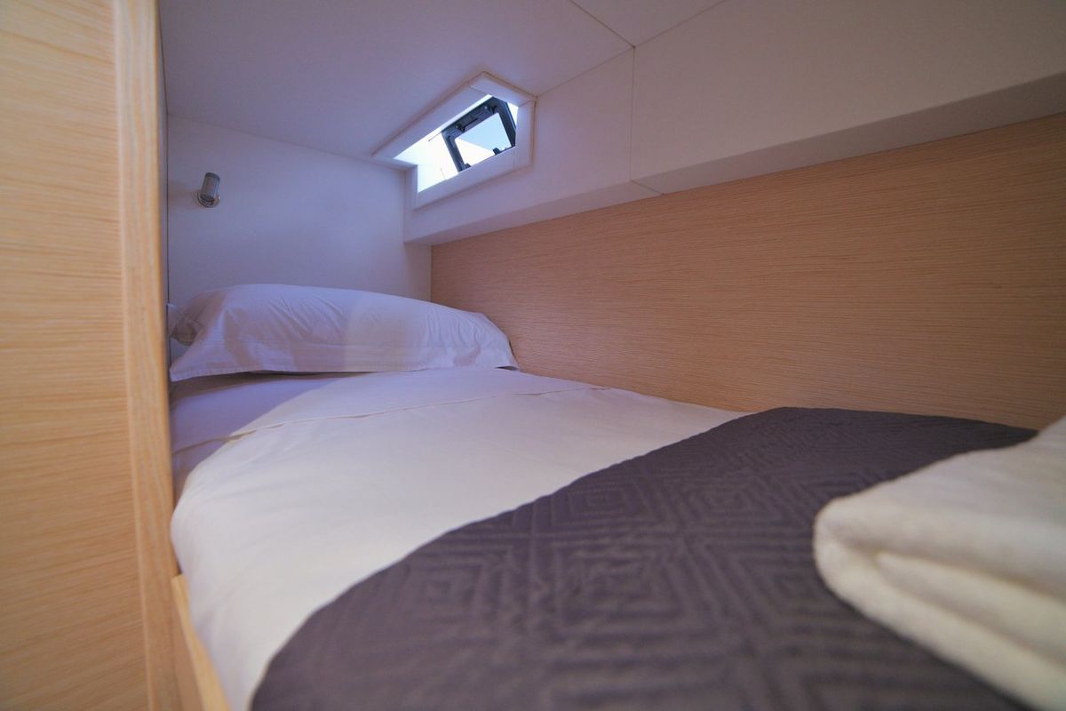 Cabin on Futura, a Dufour 48 Catamaran catamaran at Cecina, Italy