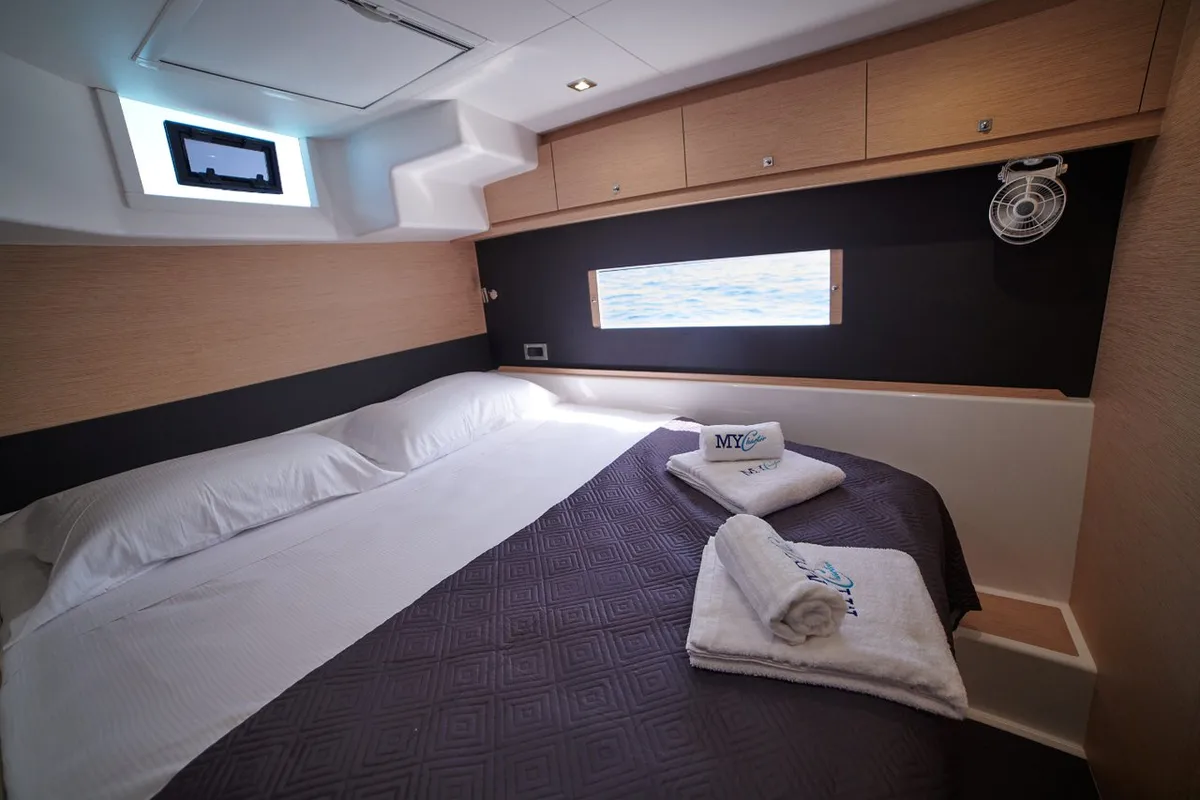 Cabin on Futura, a Dufour 48 Catamaran catamaran at Cecina, Italy