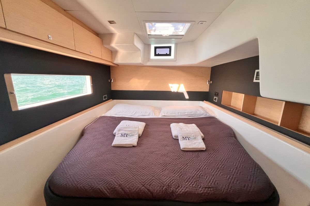 Cabin on Futura, a Dufour 48 Catamaran catamaran at Cecina, Italy