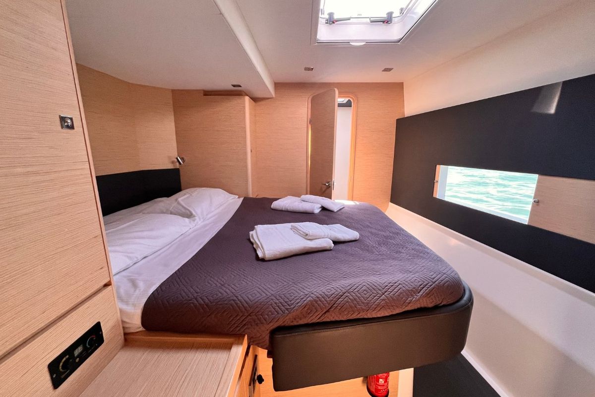 Cabin on Futura, a Dufour 48 Catamaran catamaran at Cecina, Italy