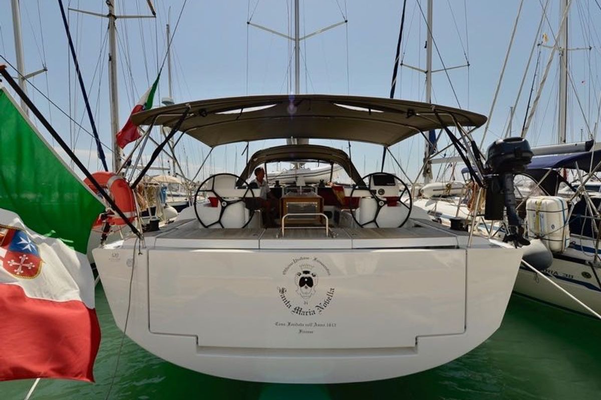 Cockpit of Santa Maria Novella, a Dufour 520 GL - 4. cab sailboat at Cecina, Italy