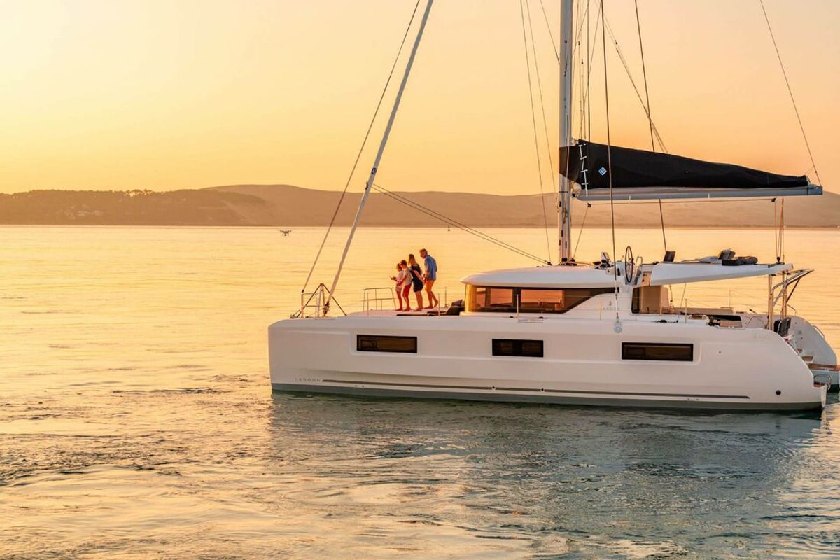 Exterior view of Voyager, a Lagoon 46 catamaran at Palma de Mallorca, Spain