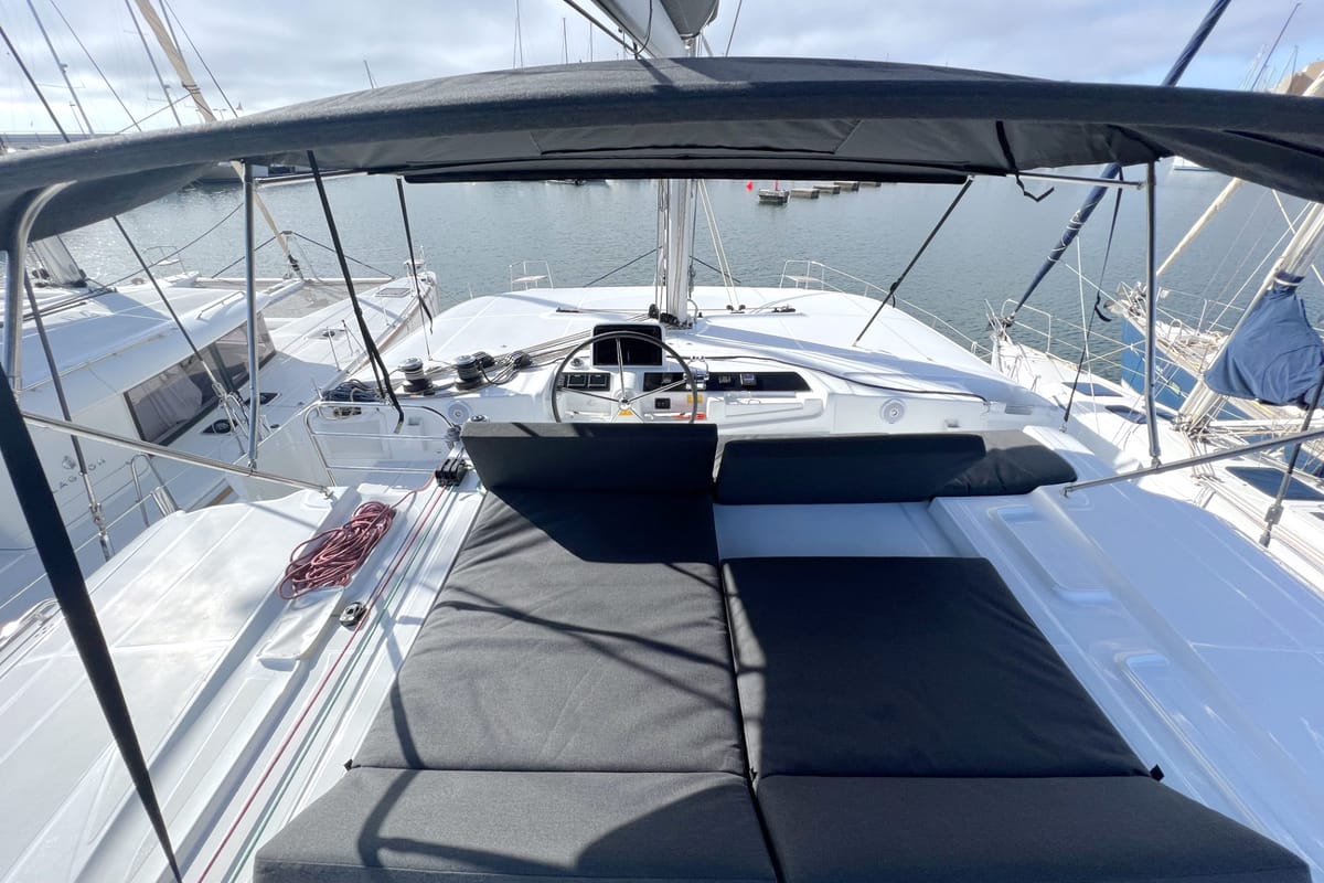 Cockpit of Voyager, a Lagoon 46 catamaran at Palma de Mallorca, Spain