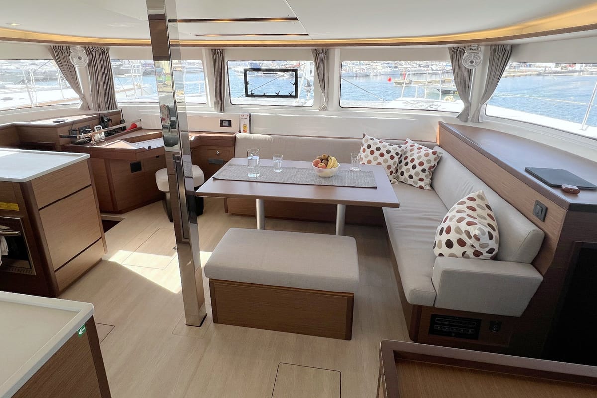 Salon of Voyager, a Lagoon 46 catamaran at Palma de Mallorca, Spain