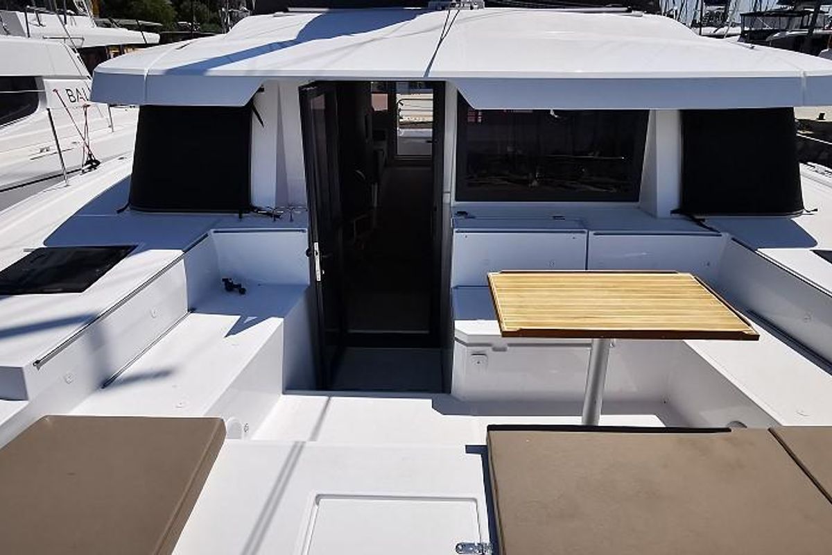 Deck of Kos 44.1, a Bali 4.4 catamaran at Athens, Greece