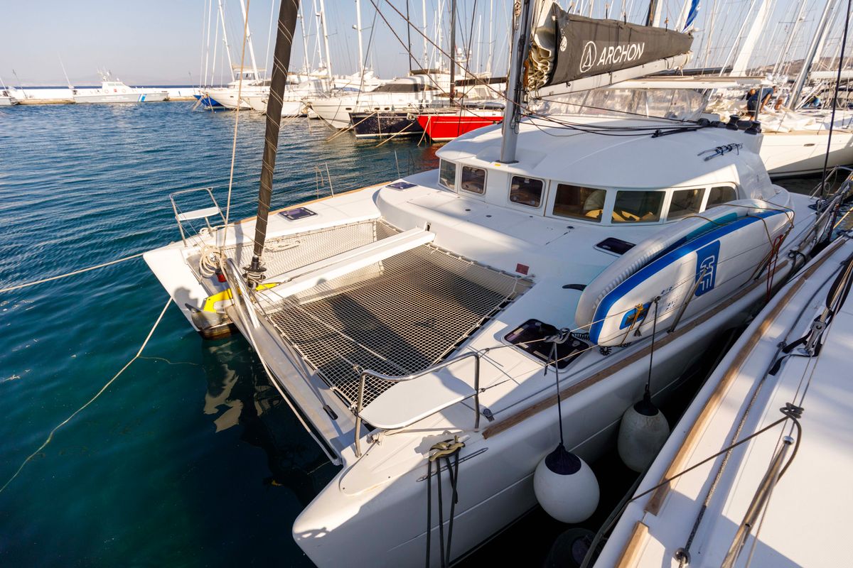 Exterior view of Astra, a Lagoon 380 S2 catamaran at Kos, Greece