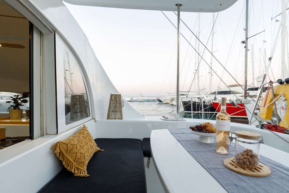 Deck of Astra, a Lagoon 380 S2 catamaran at Kos, Greece