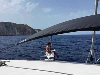 Deck of Galaxy, a Lagoon 46 catamaran at Athens, Greece