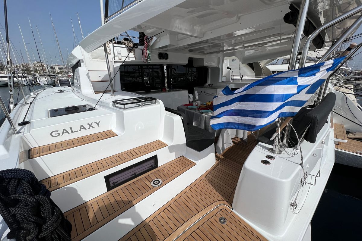 Deck of Galaxy, a Lagoon 46 catamaran at Athens, Greece