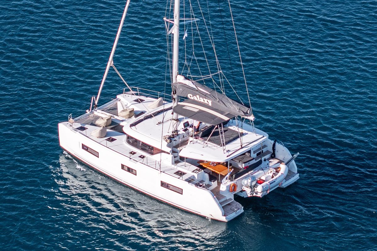 Exterior view of Galaxy, a Lagoon 46 catamaran at Athens, Greece