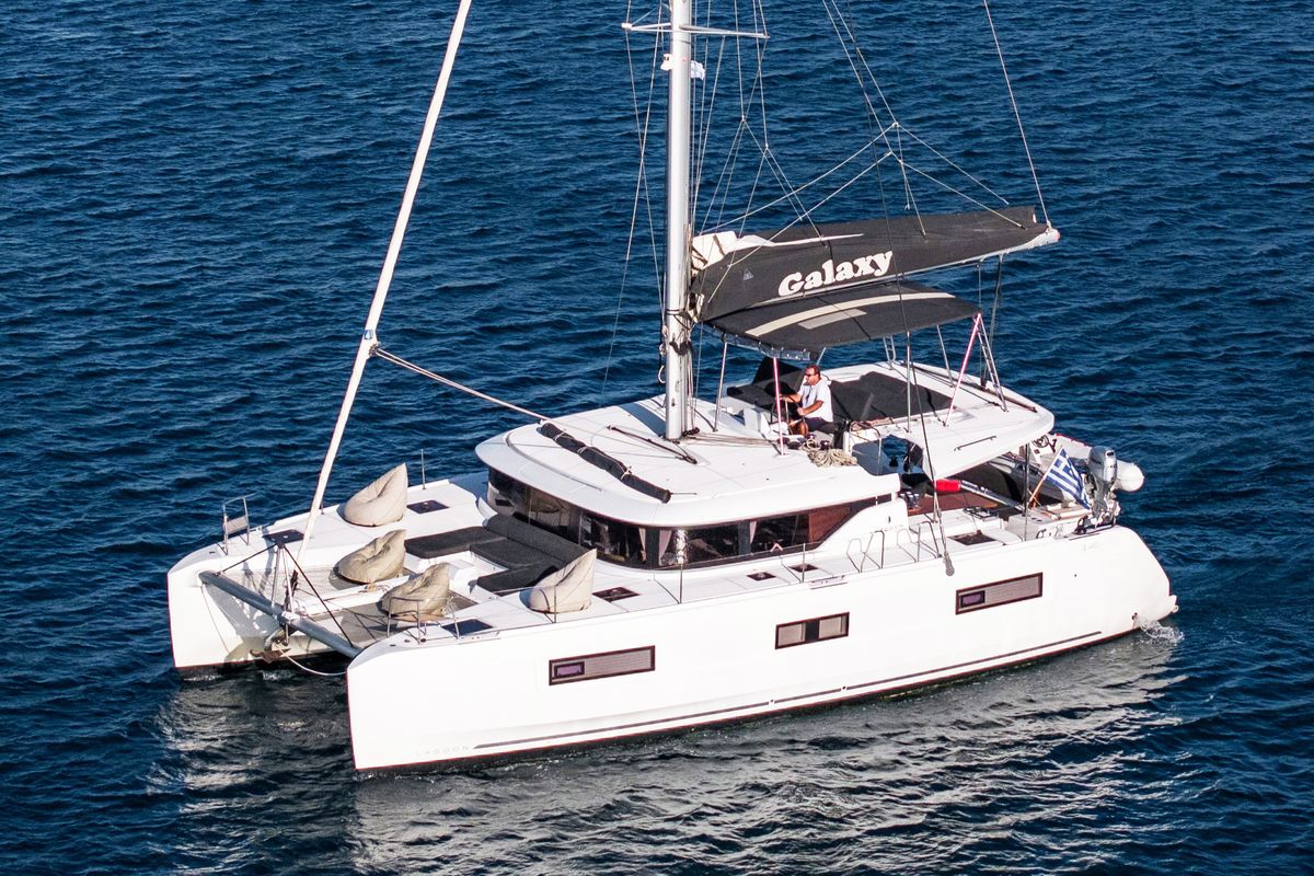 Exterior view of Galaxy, a Lagoon 46 catamaran at Athens, Greece