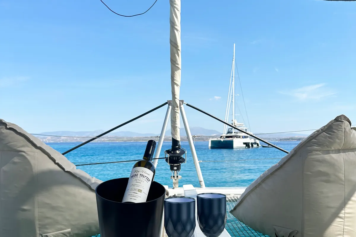 Deck of Galaxy, a Lagoon 46 catamaran at Athens, Greece