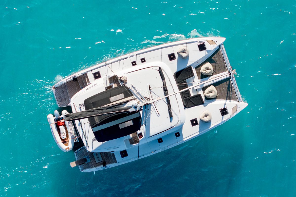 Exterior view of Galaxy, a Lagoon 46 catamaran at Athens, Greece