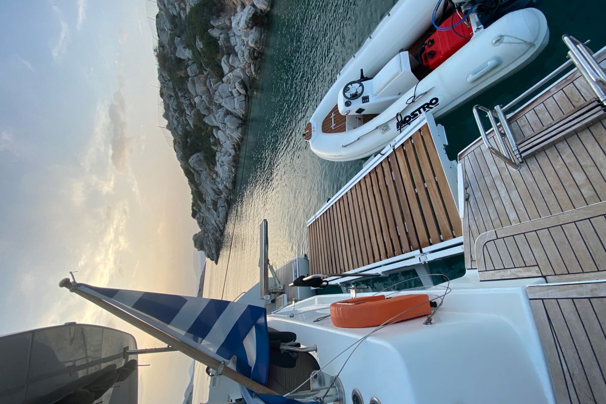 Exterior view of Galaxy, a Lagoon 46 catamaran at Athens, Greece